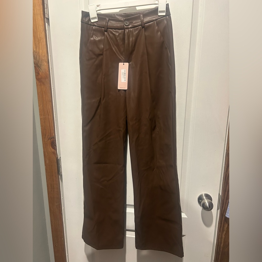 Micas Coffee Brown pleather plants with button closure and wide leg NWT